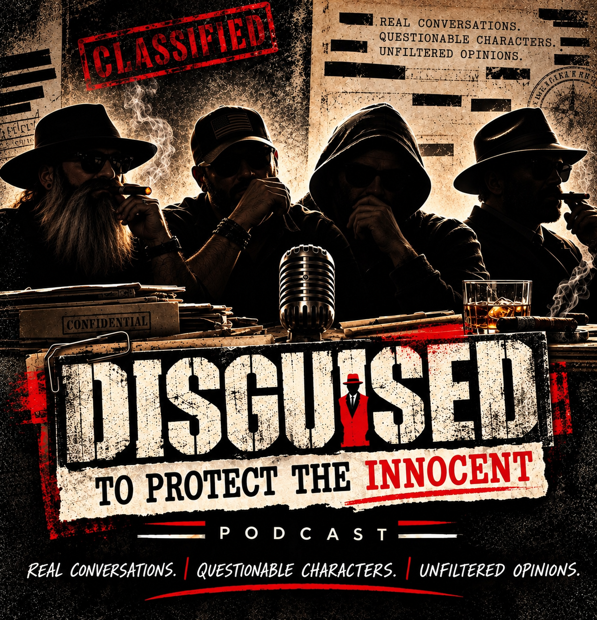 Disguised to Protect the Innocent podcast cover with four disguised characters
